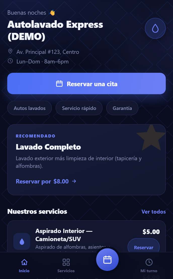 Vista real de la app de reservas del autolavado