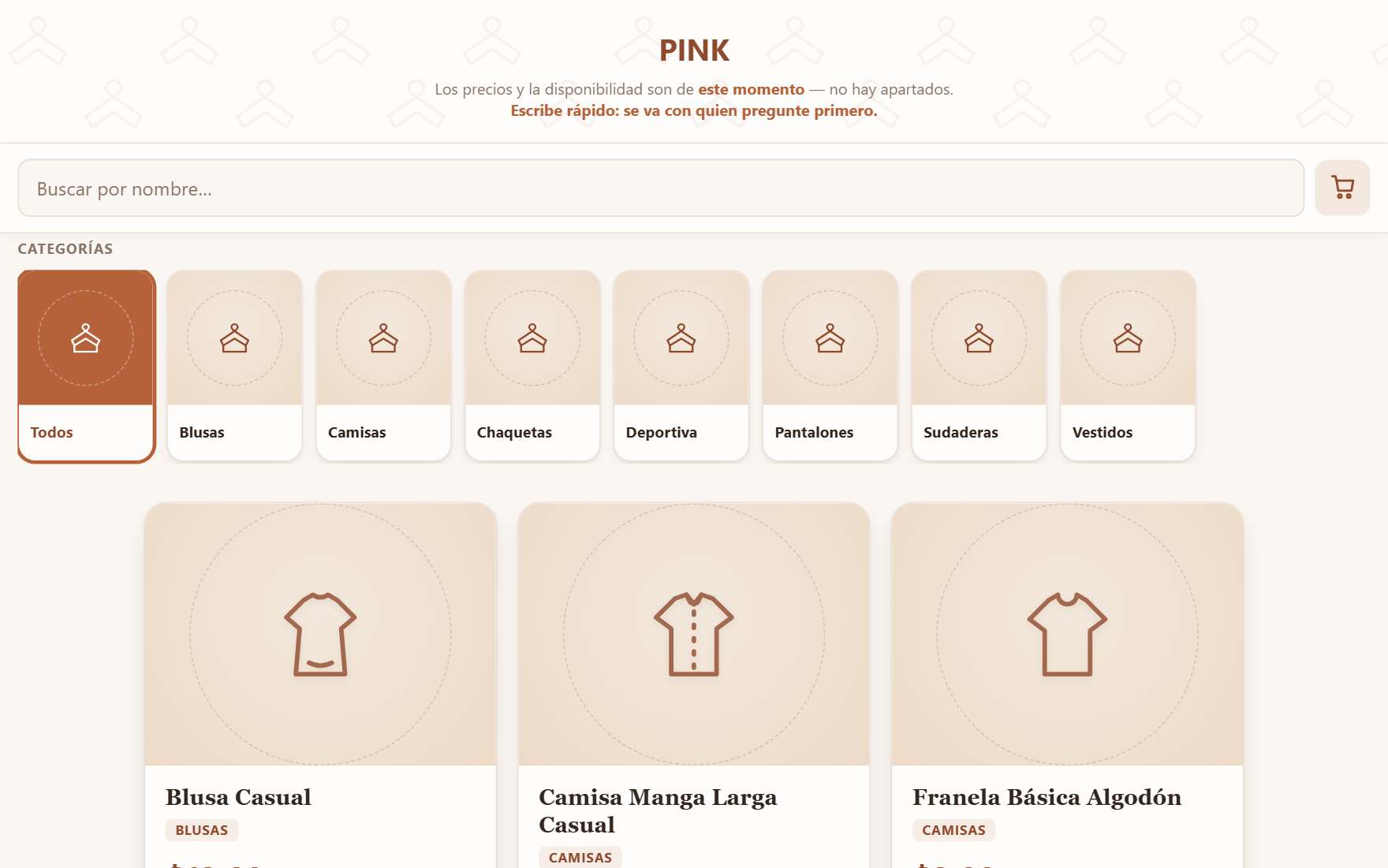 Vista real de la tienda en línea de PINK